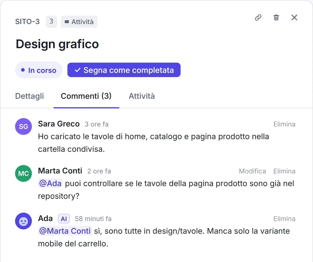 Task comments: Marta mentions the agent Ada, which replies in the task with the AI badge next to its name
