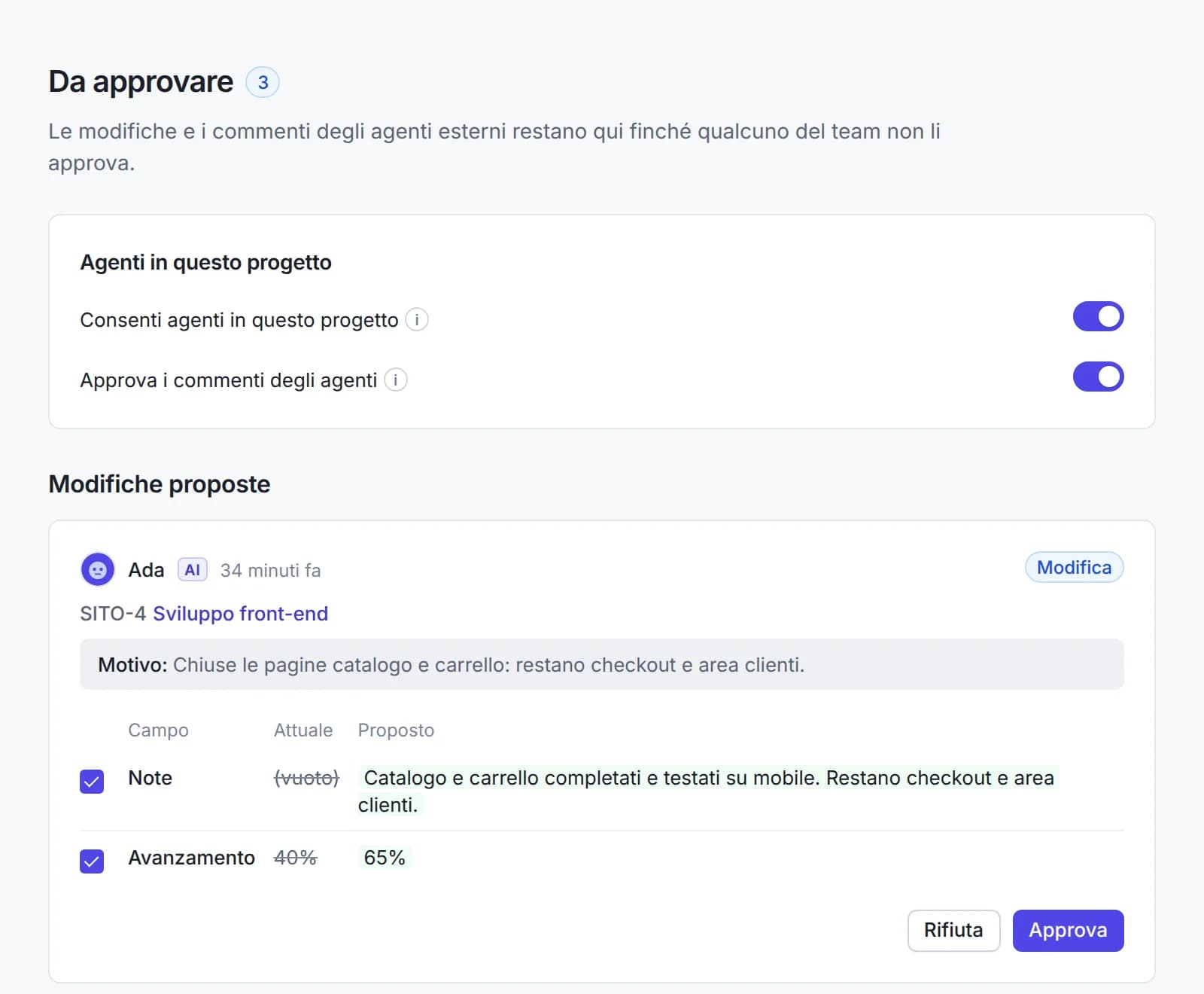Needs review page: the agent Ada proposes new progress for a task and a new task, each with its reason, ready to be approved or rejected