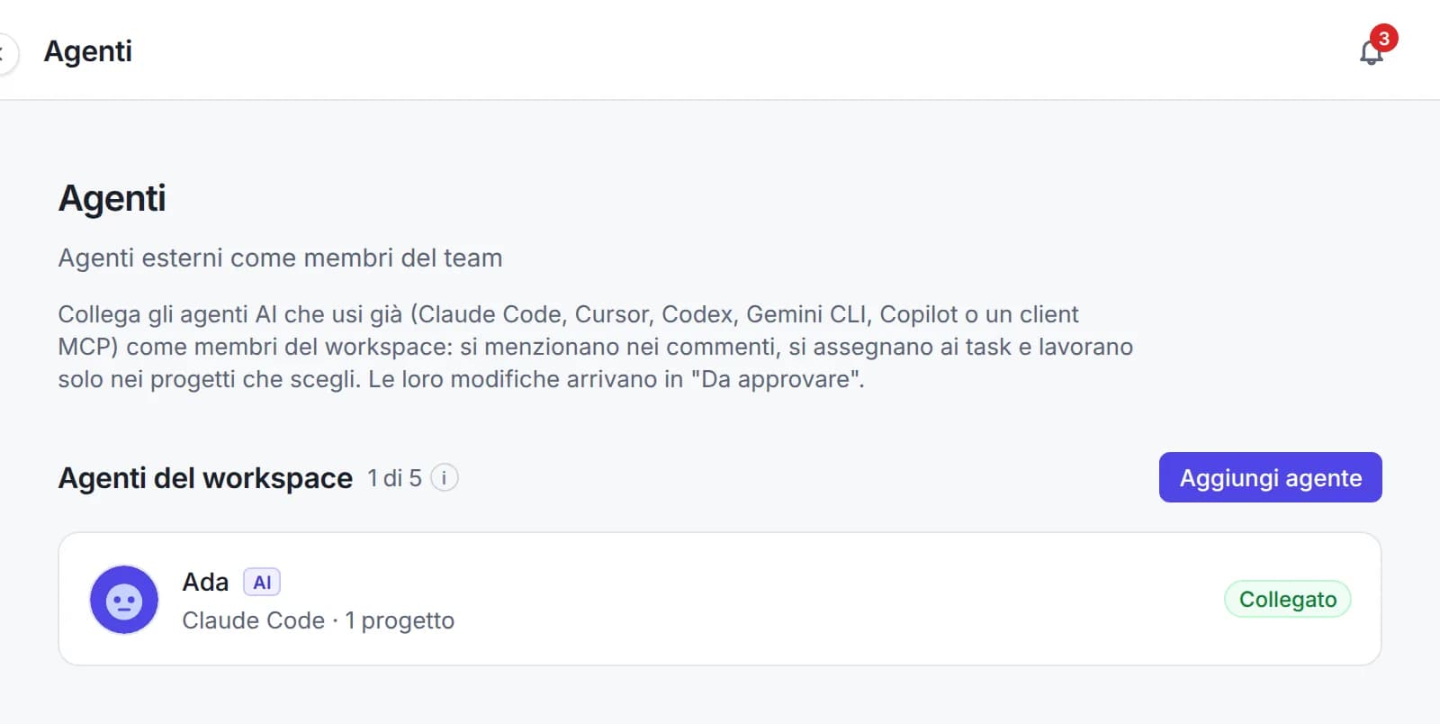 Agents page of the workspace: the agent Ada with its client, its assigned projects and its connection status
