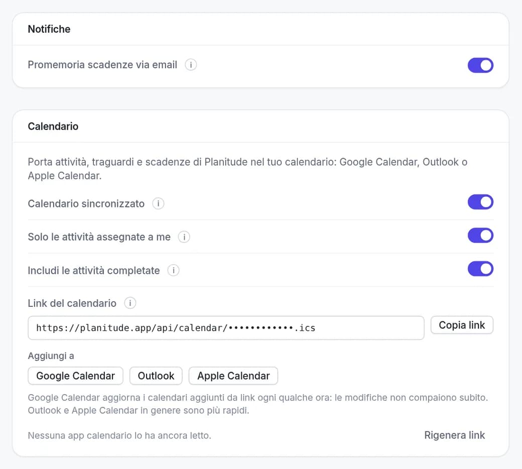 الملف الشخصي في Planitude مع تذكيرات المواعيد النهائية بالبريد الإلكتروني ومزامنة التقويم مع Google Calendar وOutlook وتقويم Apple